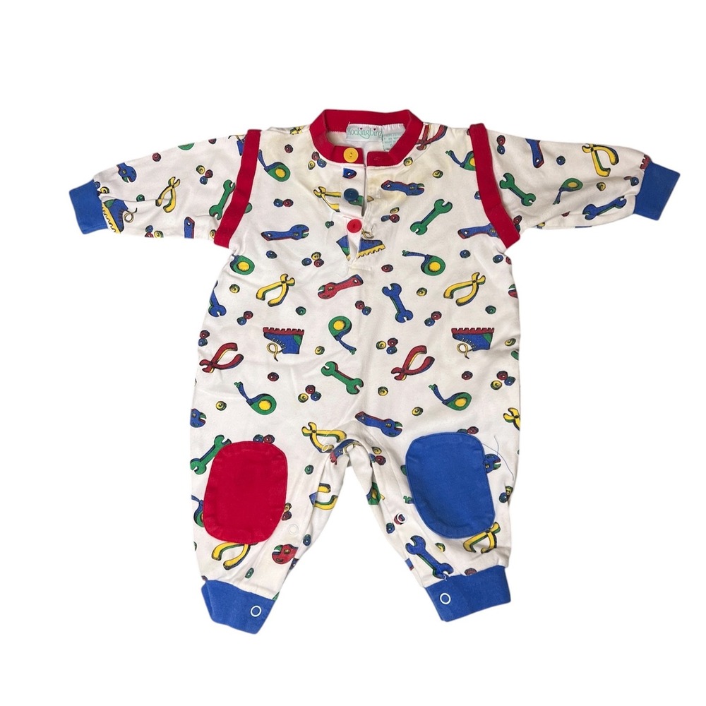 Vintage Primary Colors baby boy romper 6-9M Tools AOP Mocking Bird Color block